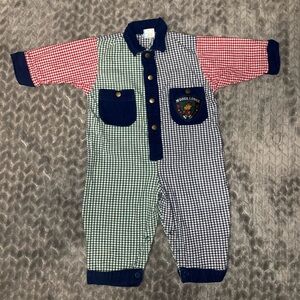 Vintage Gymboree Moose Lodge Romper in Gingham Plaid. Sz 6-9 months